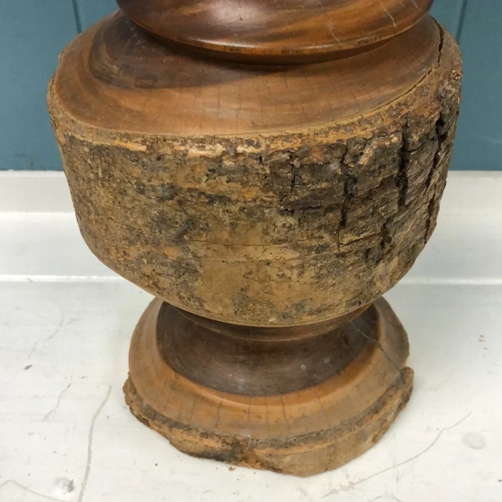 Vintage Large 15.5” Hand Turned‎ Wooden Vase Mantle solid wood with bark accents